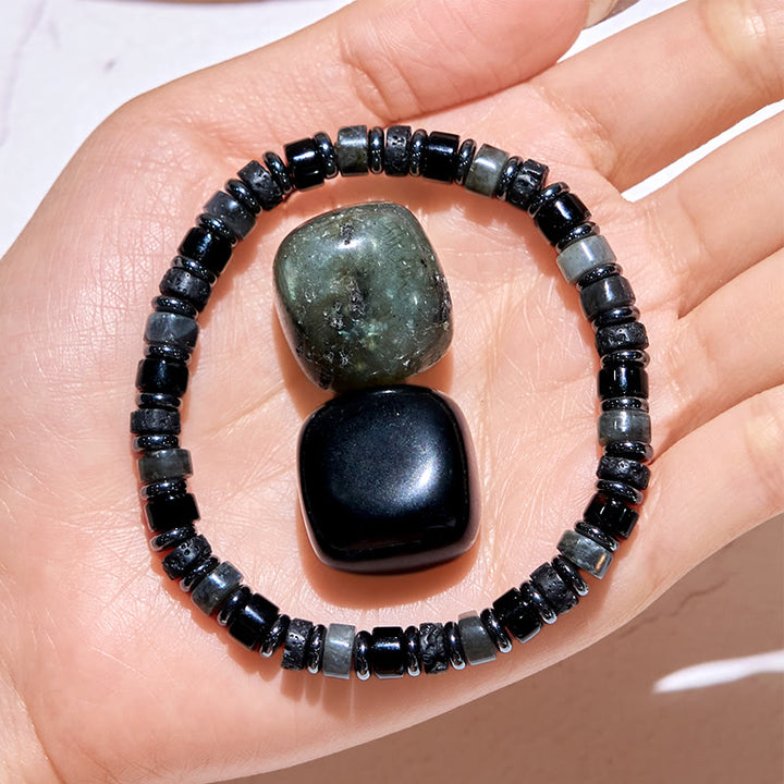 Braccialetto con perline a rullo in pietra lavica, ematite e labradorite Olivenorma