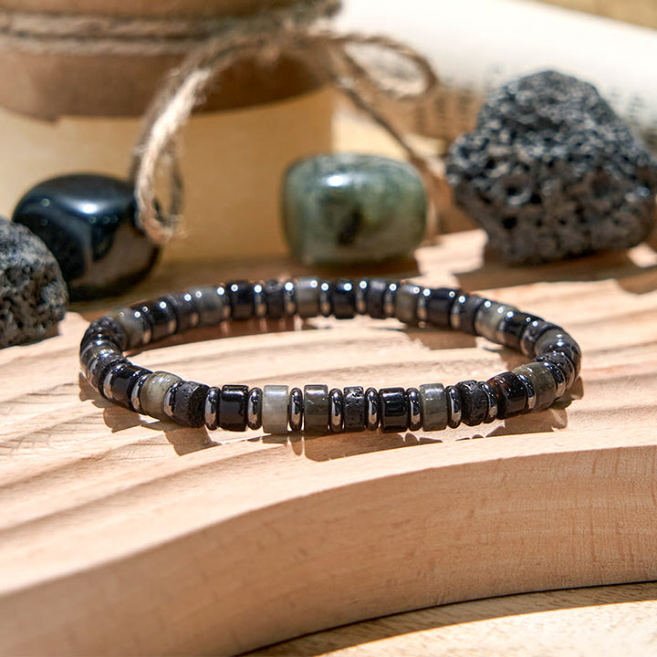Braccialetto con perline a rullo in pietra lavica, ematite e labradorite Olivenorma