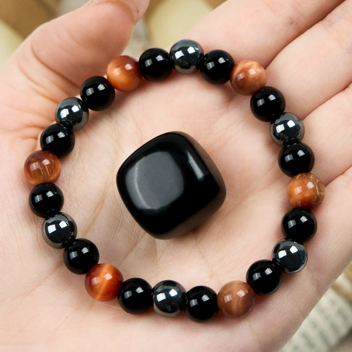 Braccialetto di perline in ematite e ossidiana con occhio di tigre arancione Olivenorma 
