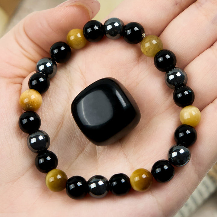 Braccialetto di perline in ematite e ossidiana con occhio di tigre giallo Olivenorma 