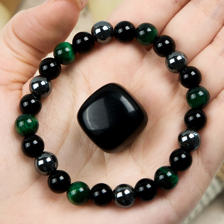Braccialetto di perline in ematite e ossidiana con occhio di tigre verde Olivenorma 