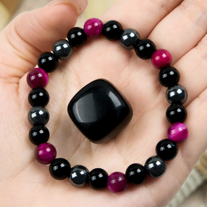 Bracciale Olivenorma con perline in ematite e ossidiana occhio di tigre rosso rosa 