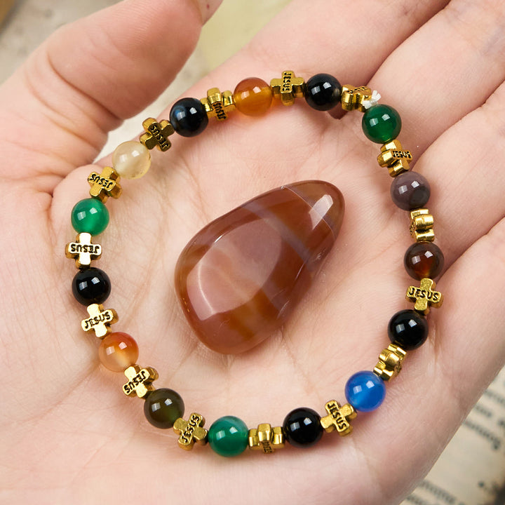 Olivenorma Bracciale con perline a croce in metallo dorato e agata naturale da 6 mm 