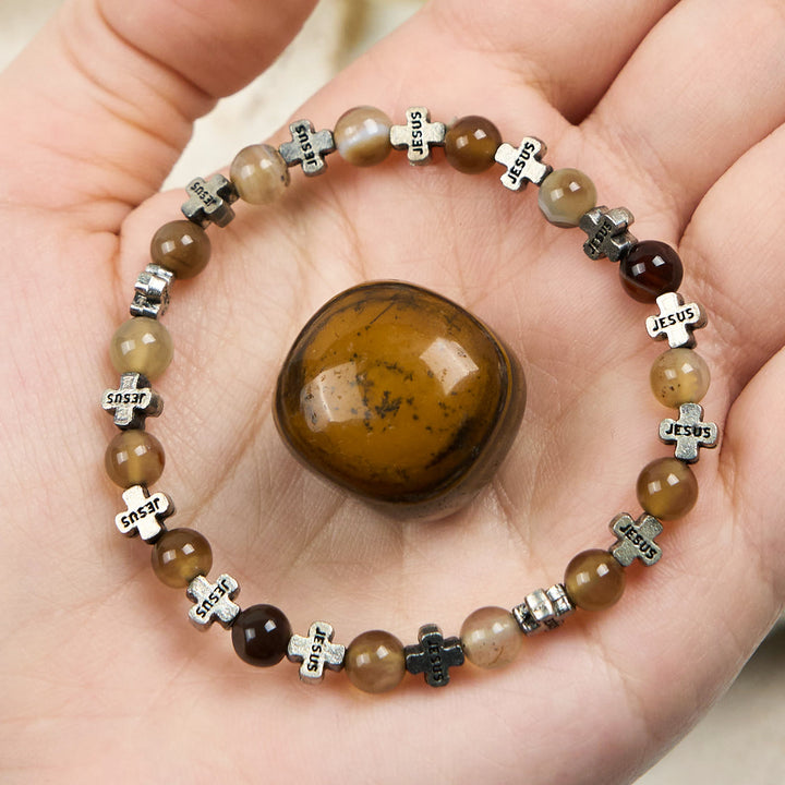 Olivenorma Bracciale con perline a croce in metallo argentato e agata naturale da 6 mm 