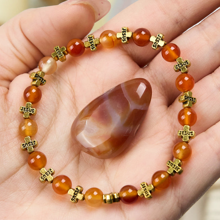 Olivenorma Bracciale con perline a croce in metallo argentato e agata rossa naturale 