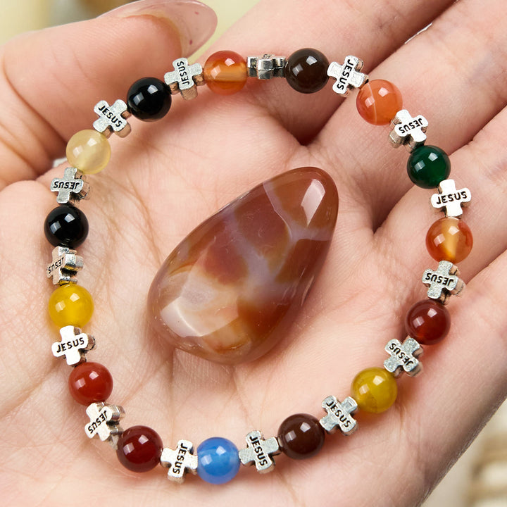Olivenorma Bracciale con perline a croce in metallo argentato e agata naturale da 6 mm 