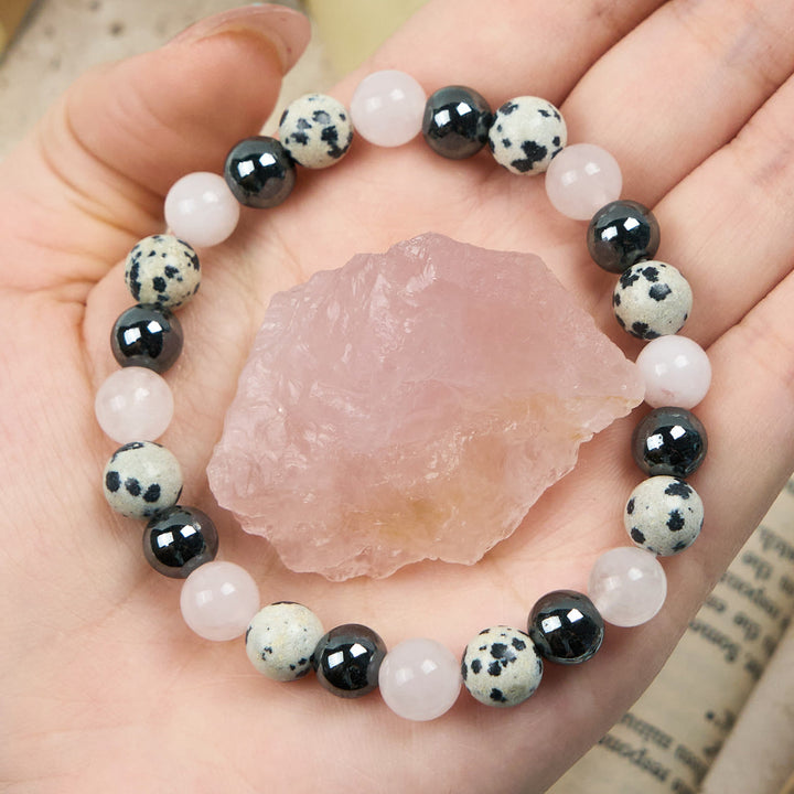 Bracciale Olivenorma in ematite, diaspro dalmata, quarzo rosa
