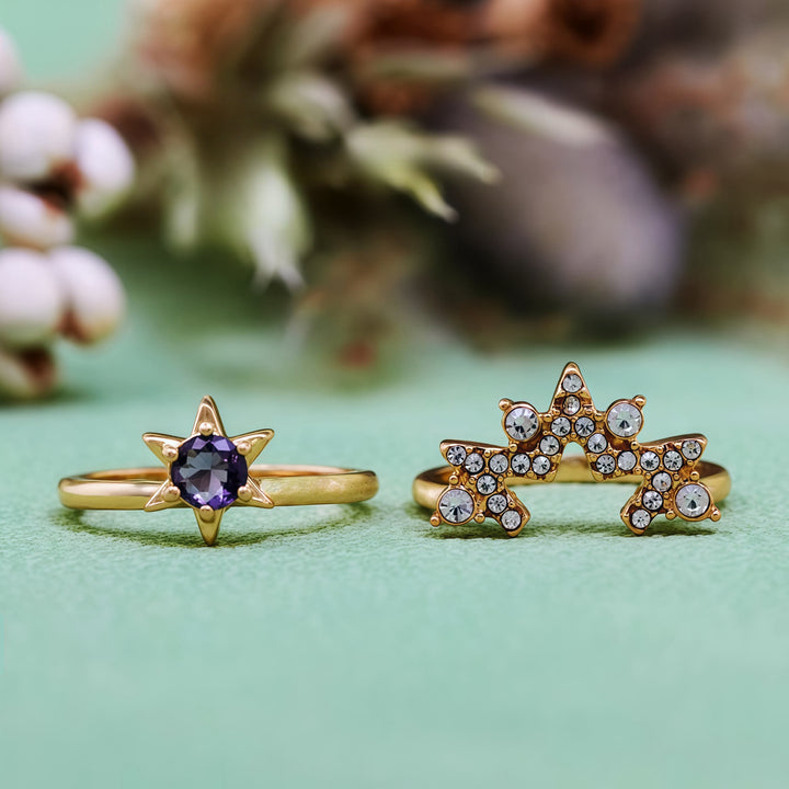 Olivenorma 2 pezzi anello stella zircone bianco ametista