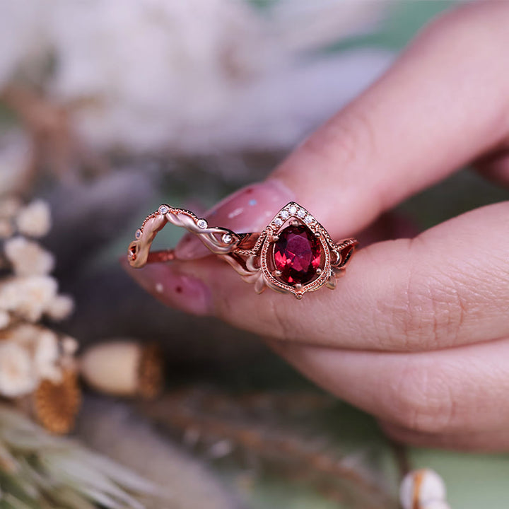 Olivenorma 2 pezzi anello vintage intagliato con opale granato e zircone