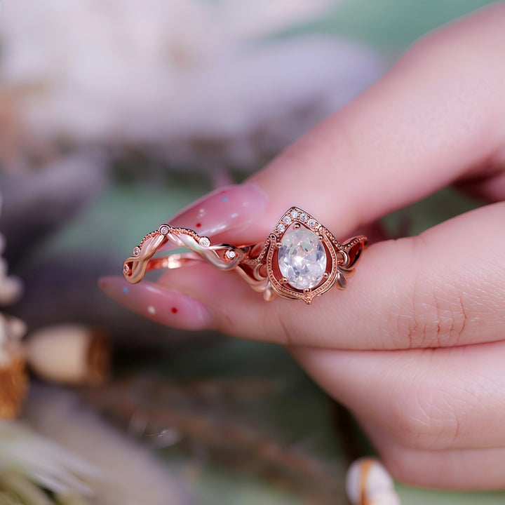 Olivenorma 2 pezzi anello vintage intagliato con opale granato e zircone