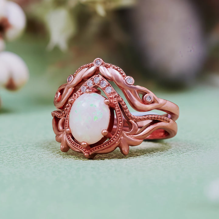 Olivenorma 2 pezzi anello vintage intagliato con opale granato e zircone