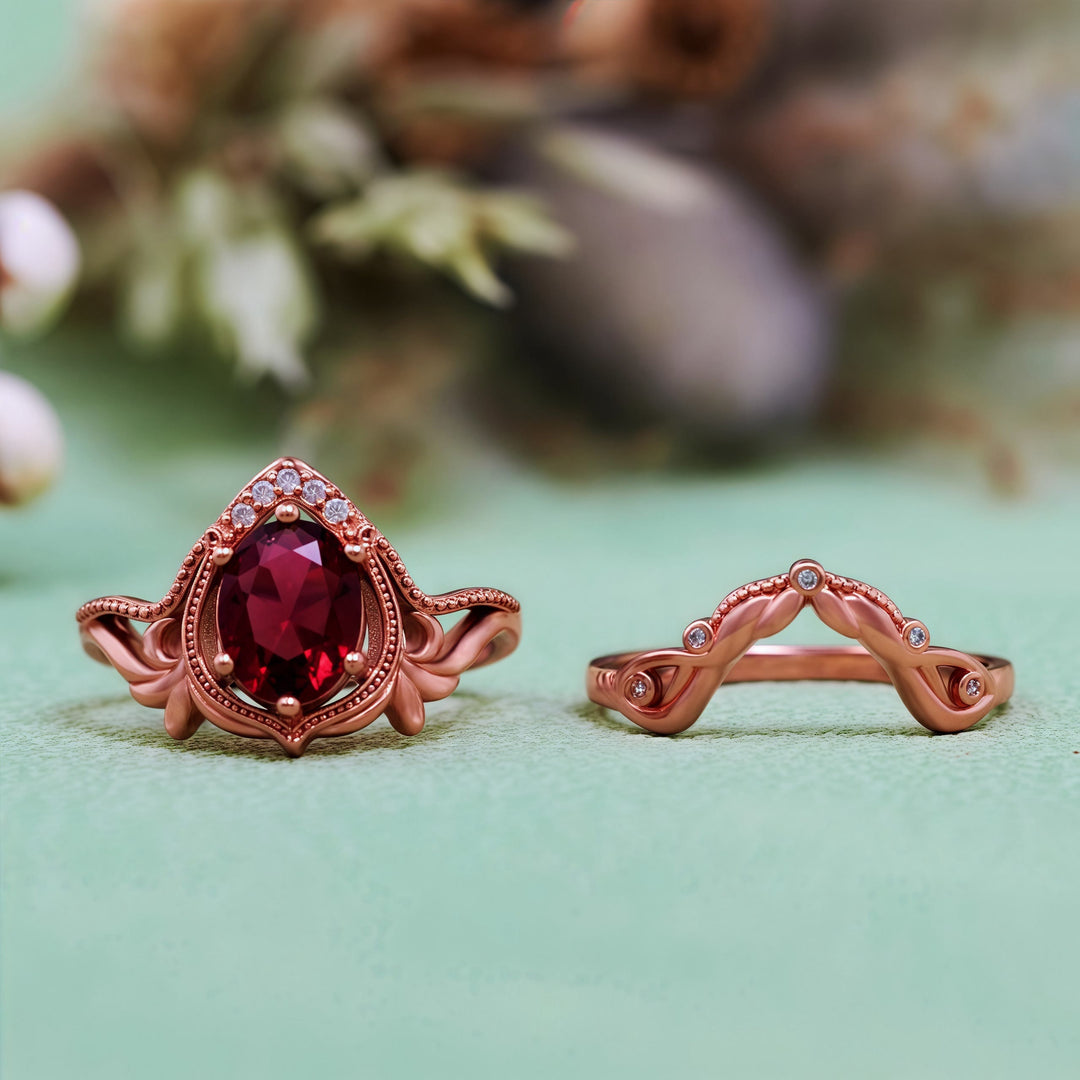 Olivenorma 2 pezzi anello vintage intagliato con opale granato e zircone