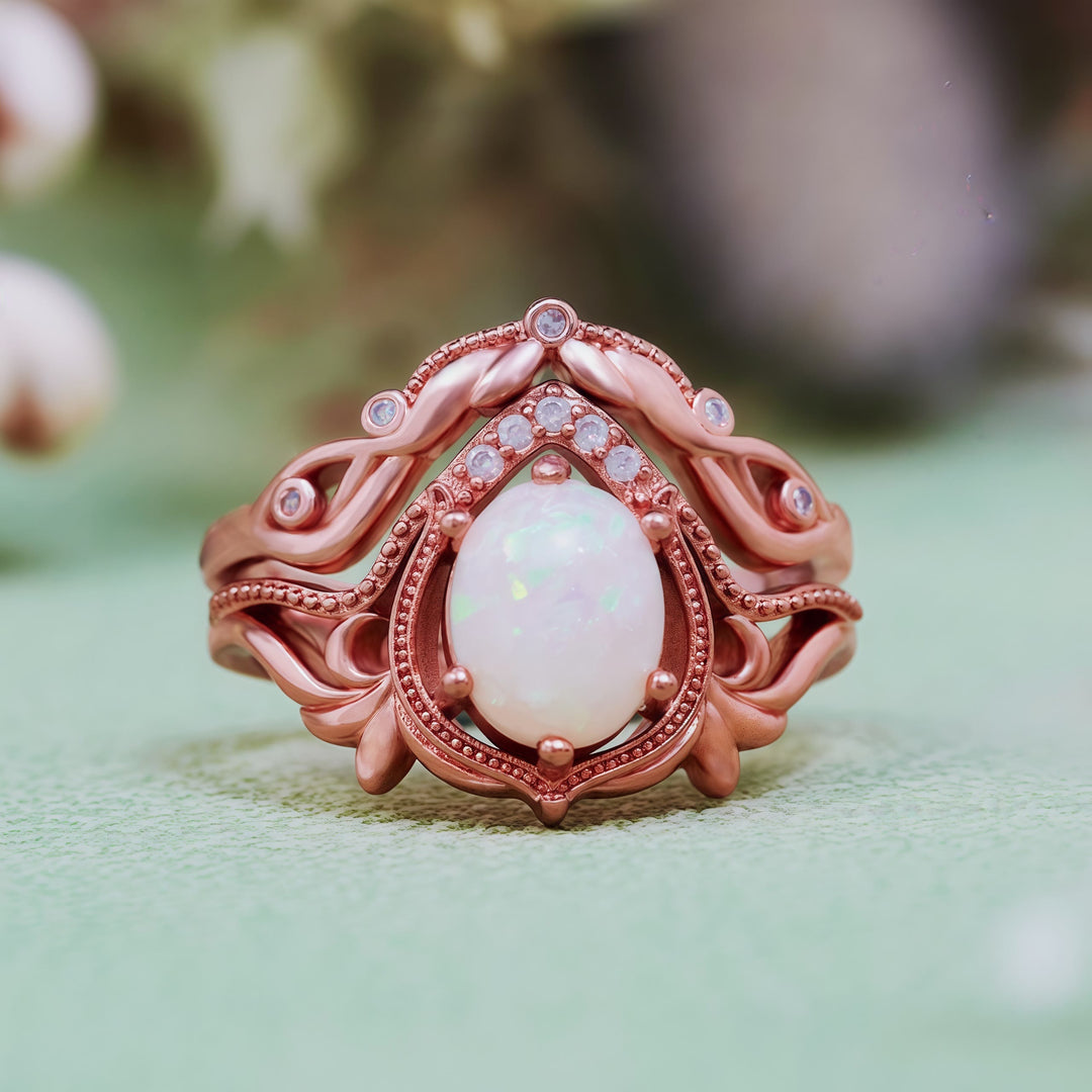 Olivenorma 2 pezzi anello vintage intagliato con opale granato e zircone