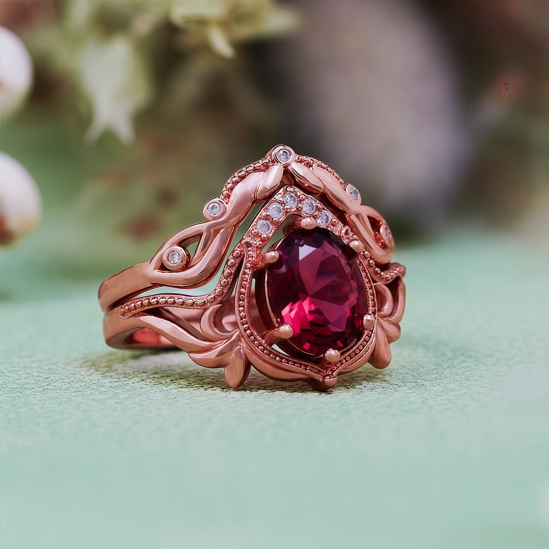 Olivenorma 2 pezzi anello vintage intagliato con opale granato e zircone