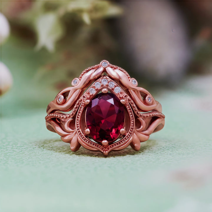 Olivenorma 2 pezzi anello vintage intagliato con opale granato e zircone