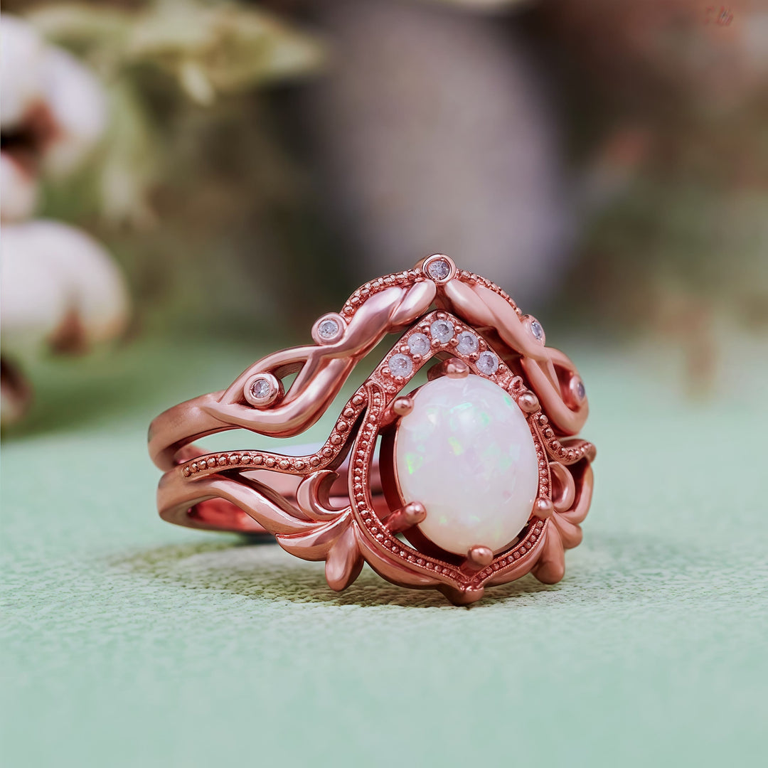 Olivenorma 2 pezzi anello vintage intagliato con opale granato e zircone