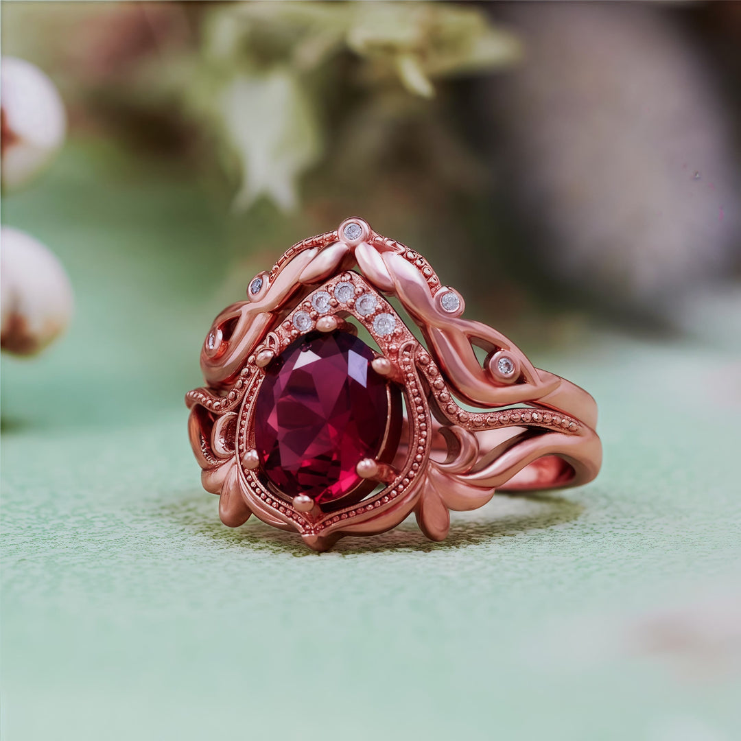 Olivenorma 2 pezzi anello vintage intagliato con opale granato e zircone