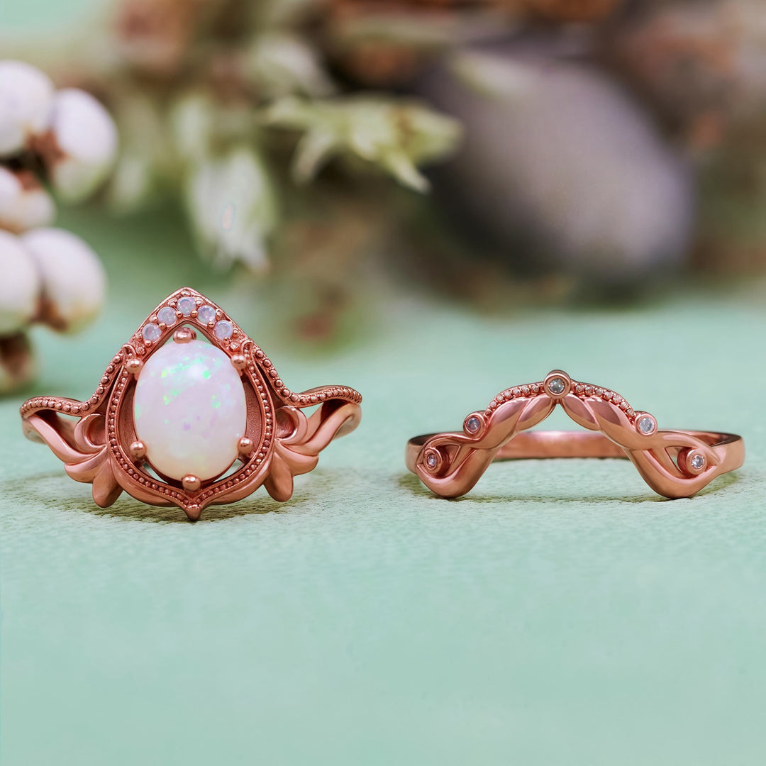 Olivenorma 2 pezzi anello vintage intagliato con opale granato e zircone