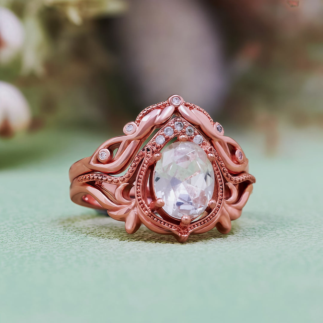 Olivenorma 2 pezzi anello vintage intagliato con opale granato e zircone
