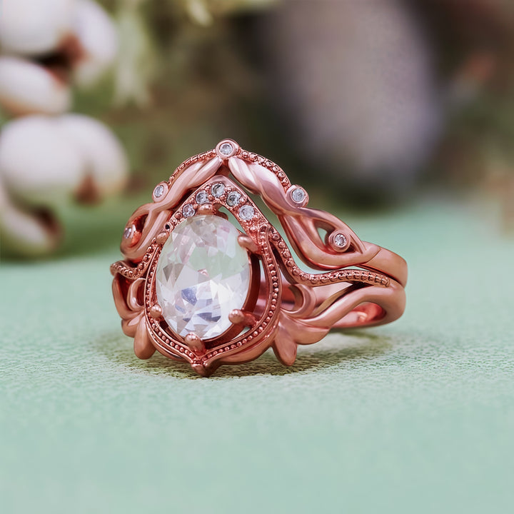 Olivenorma 2 pezzi anello vintage intagliato con opale granato e zircone