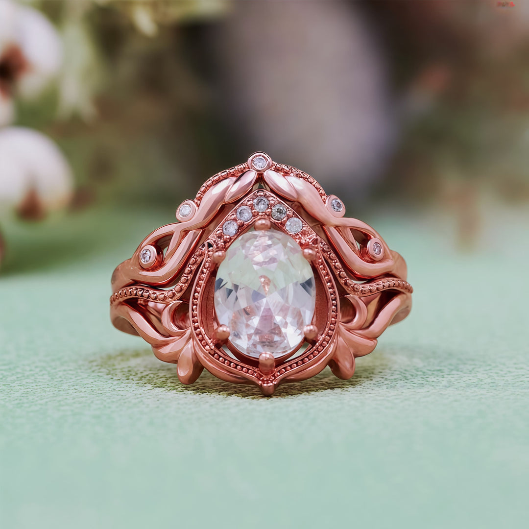 Olivenorma 2 pezzi anello vintage intagliato con opale granato e zircone