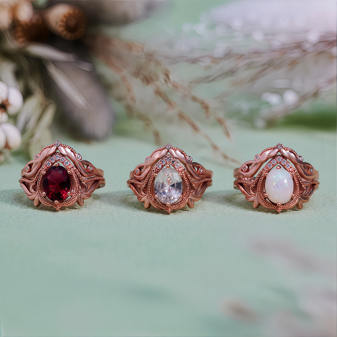 Olivenorma 2 pezzi anello vintage intagliato con opale granato e zircone