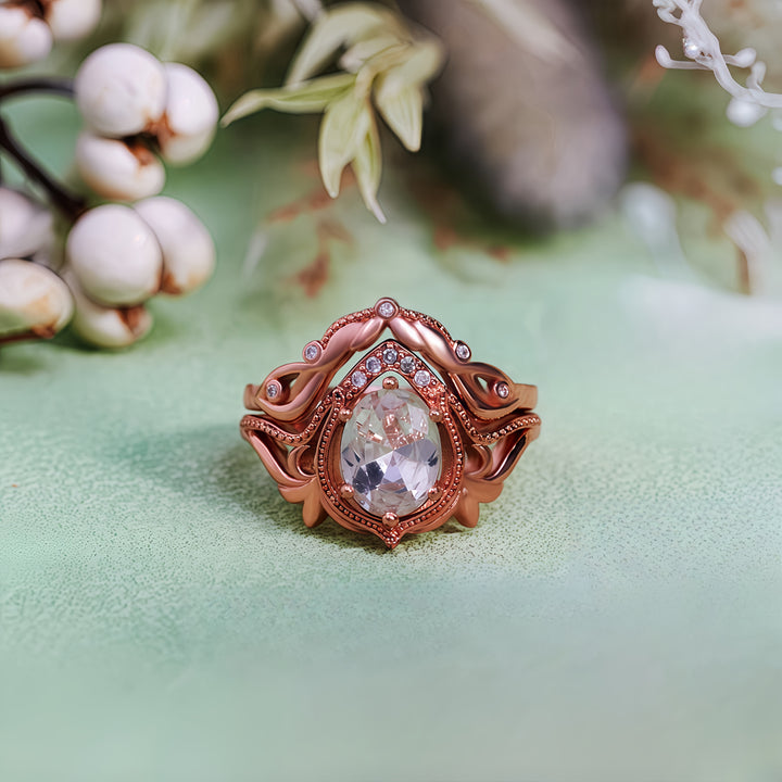 Olivenorma 2 pezzi anello vintage intagliato con opale granato e zircone