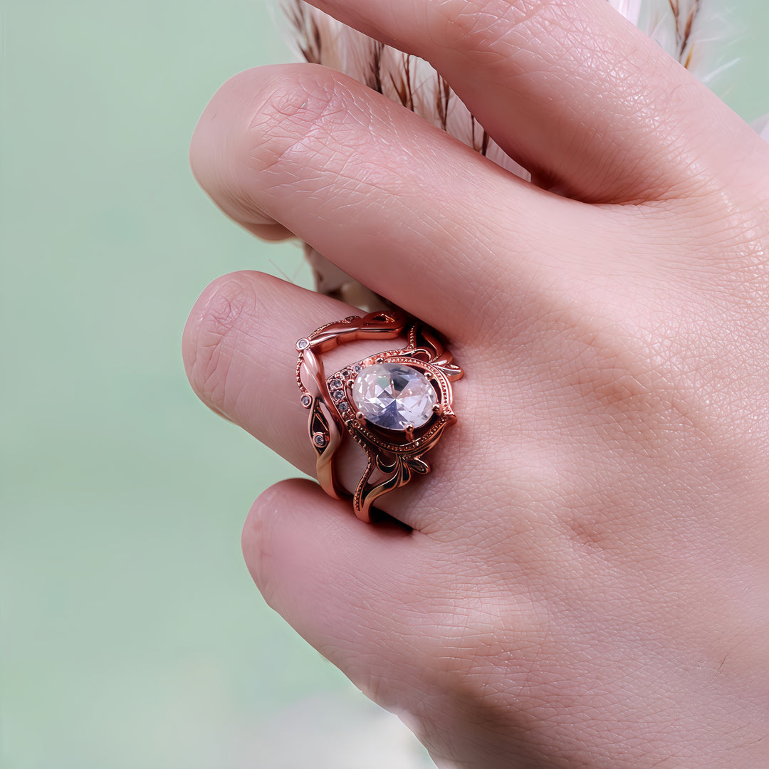 Olivenorma 2 pezzi anello vintage intagliato con opale granato e zircone
