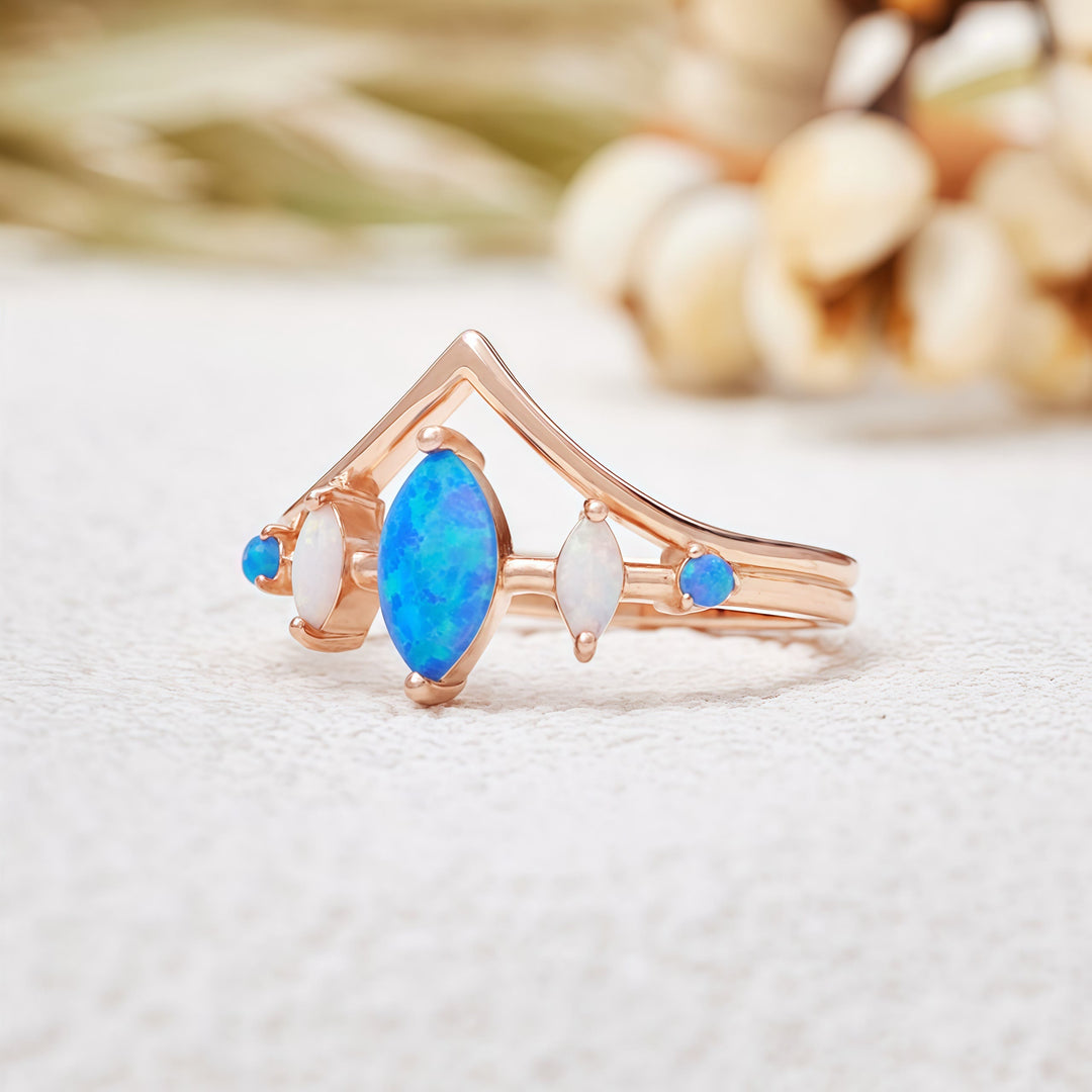 Anello a corona con opale naturale blu e bianco Olivenorma