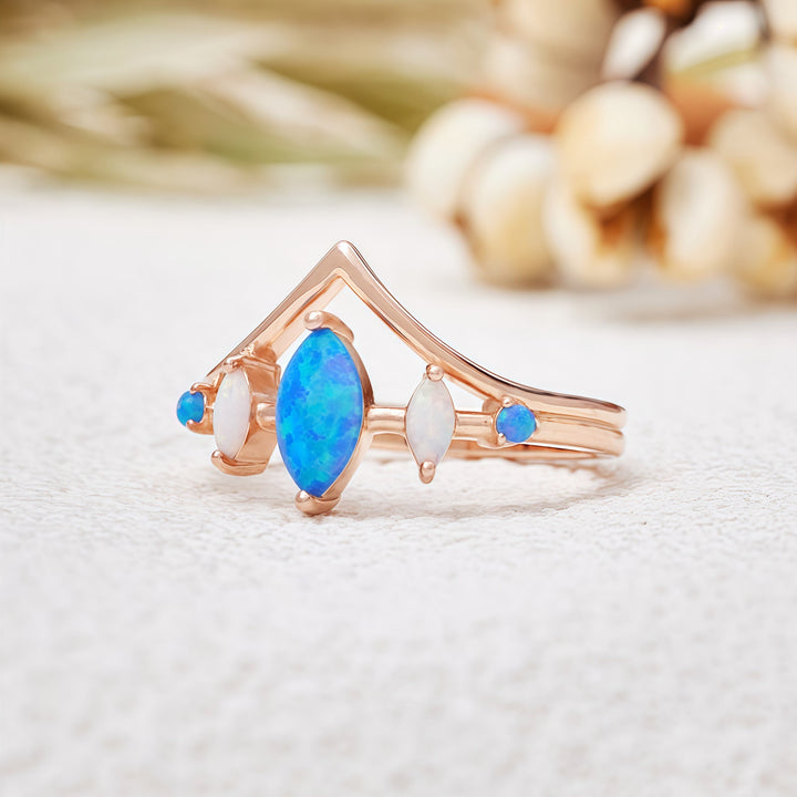 Anello a corona con opale naturale blu e bianco Olivenorma