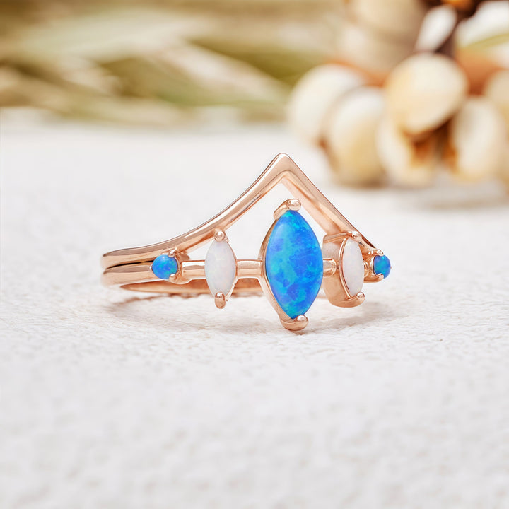 Anello a corona con opale naturale blu e bianco Olivenorma