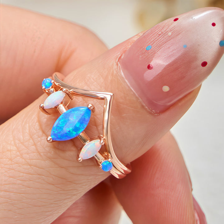 Anello a corona con opale naturale blu e bianco Olivenorma