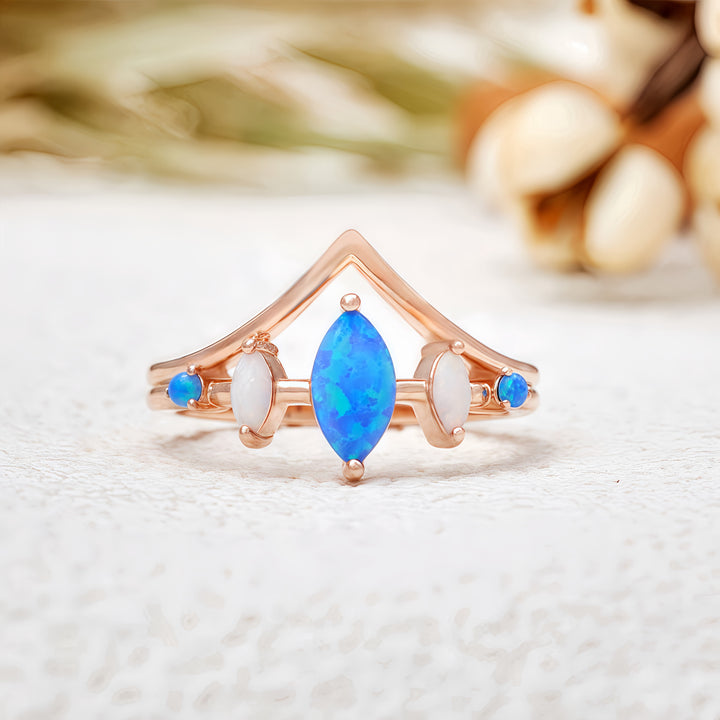 Anello a corona con opale naturale blu e bianco Olivenorma
