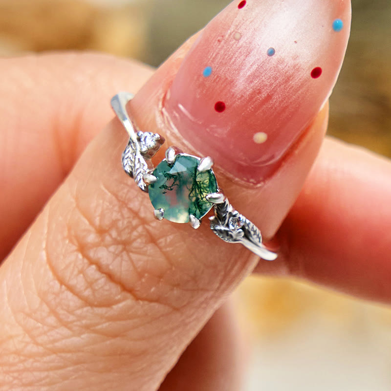 Anello avvolgente con foglia di agata muschiata naturale Olivenorma