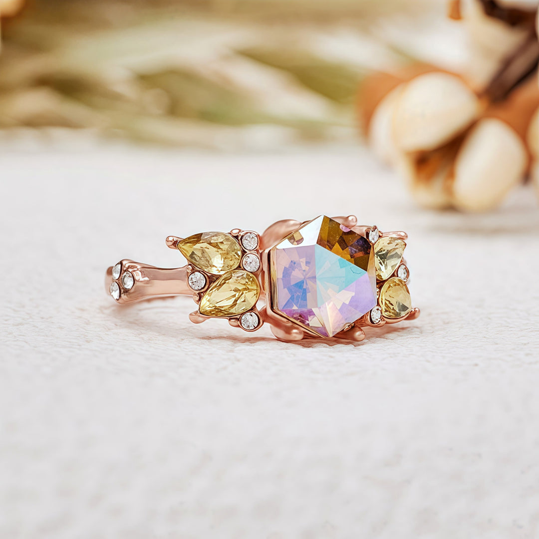 Anello Olivenorma con peridoto alessandrite taglio esagonale