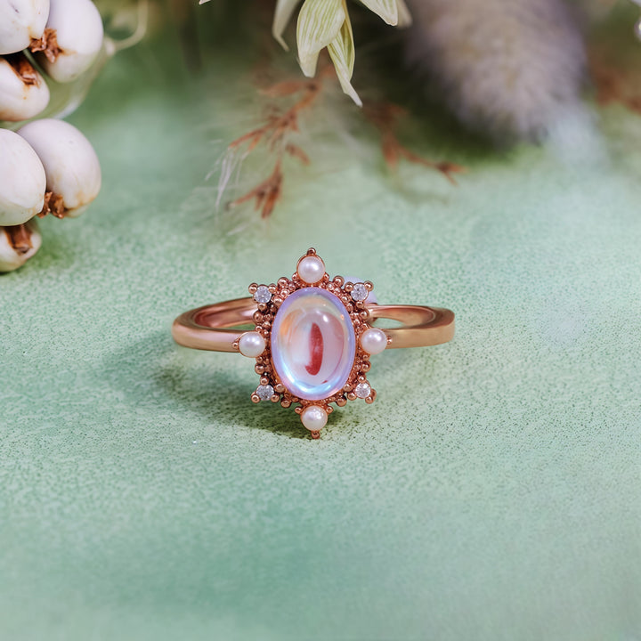 Anello in stile vintage con perle d'acqua dolce e pietra di luna artificiale Olivenorma