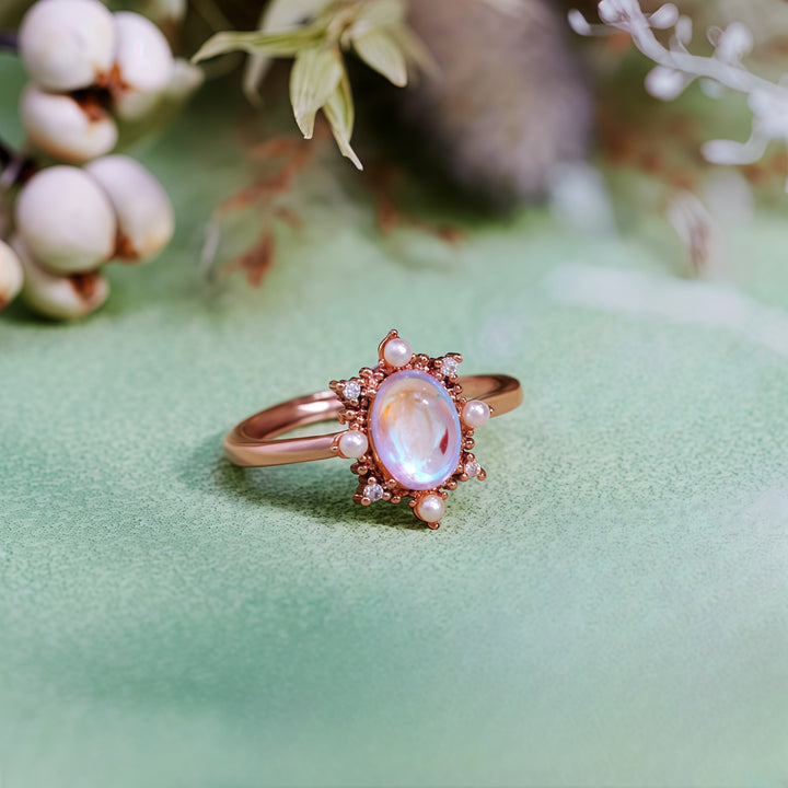 Anello in stile vintage con perle d'acqua dolce e pietra di luna artificiale Olivenorma