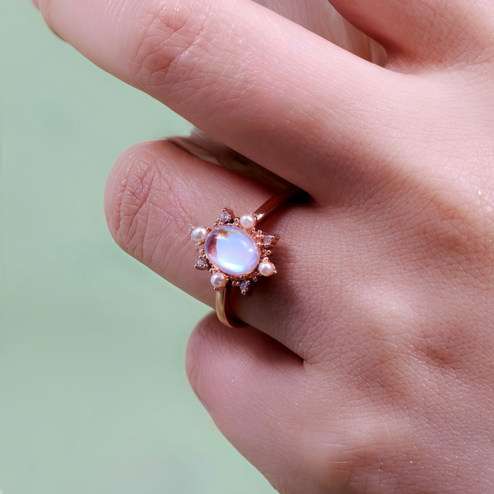 Anello in stile vintage con perle d'acqua dolce e pietra di luna artificiale Olivenorma