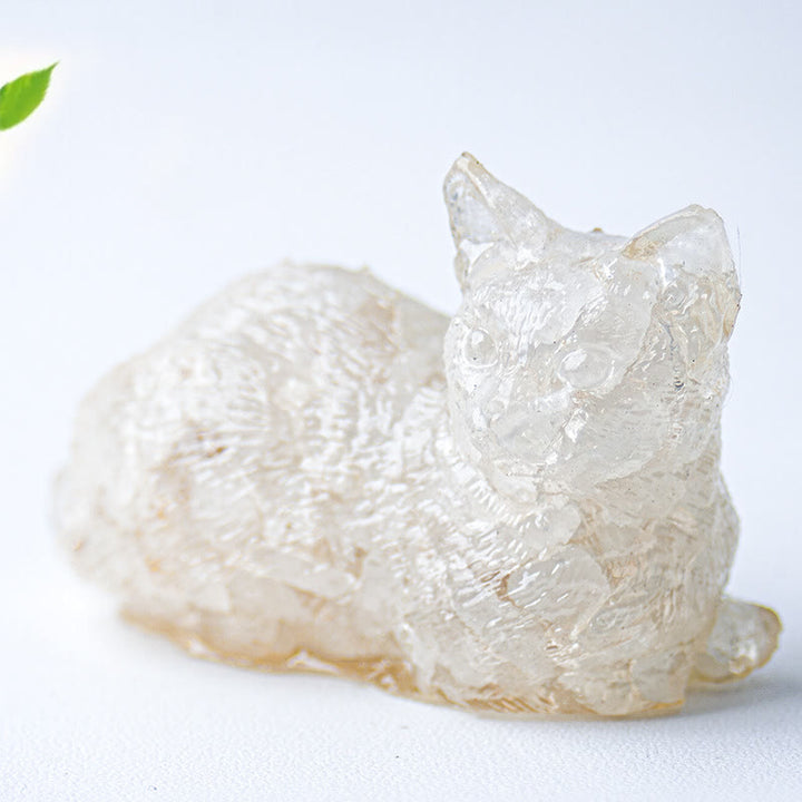 Ghiaia di cristallo Olivenorma , decorazione in pietra preziosa con gattino sdraiato in resina epossidica