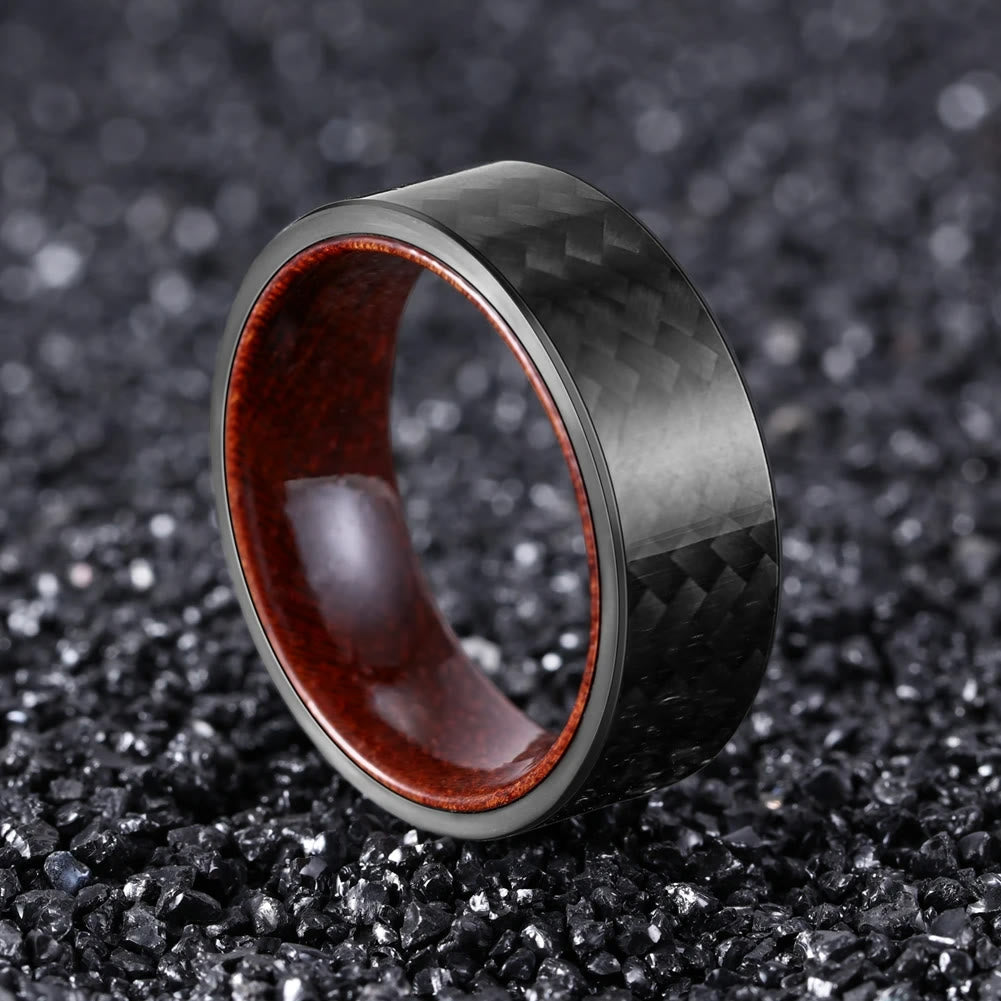 Olivenorma 8mm Anello in legno di barile di whisky in fibra di carbonio twill nero