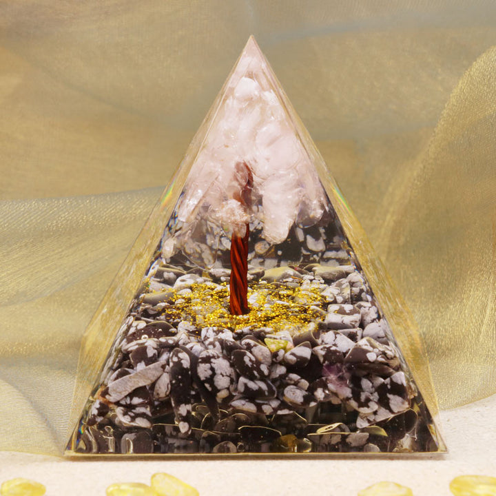 Piramide di orgone in quarzo rosa Olivenorma con ossidiana fiocco di neve 