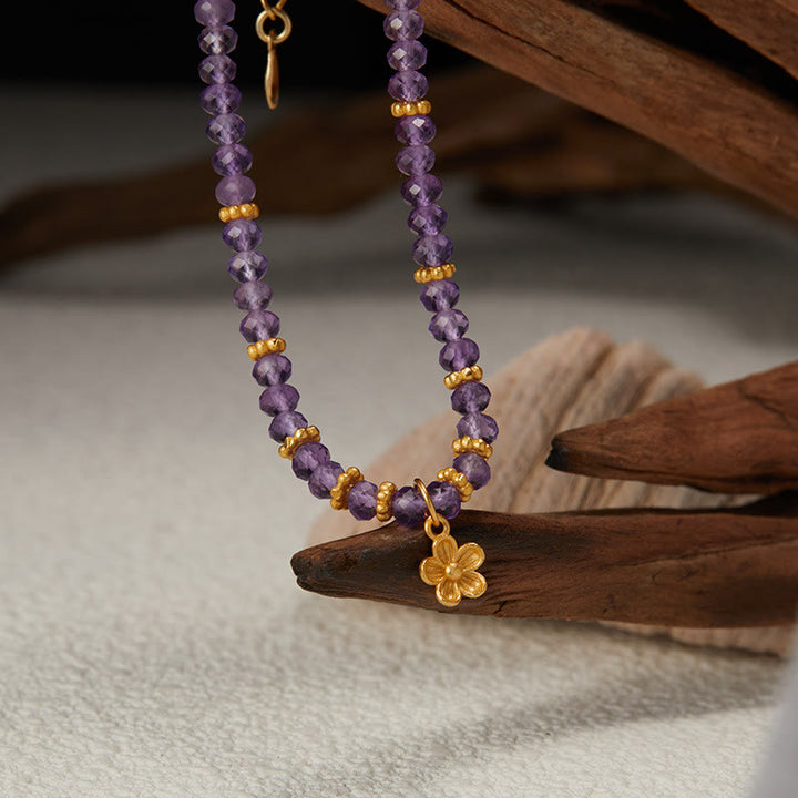 Olivenorma Bracciale Collana con Ciondolo a Forma di Fiore in Perline di Ametista Naturale