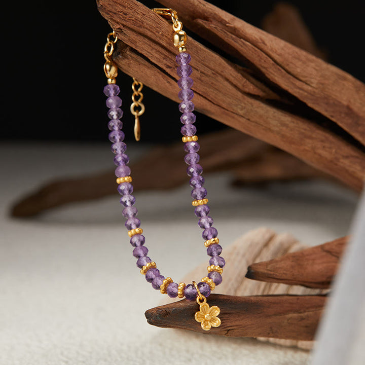 Olivenorma Bracciale Collana con Ciondolo a Forma di Fiore in Perline di Ametista Naturale