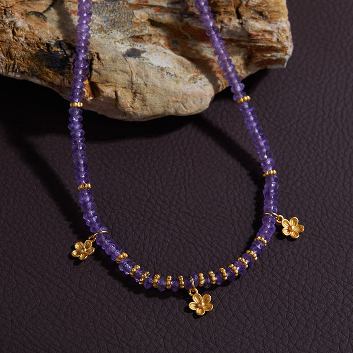 Olivenorma Bracciale Collana con Ciondolo a Forma di Fiore in Perline di Ametista Naturale
