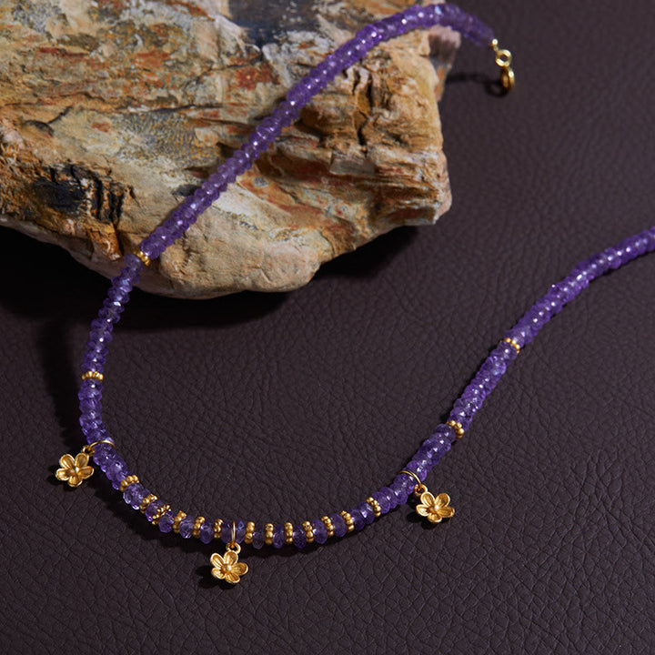 Olivenorma Bracciale Collana con Ciondolo a Forma di Fiore in Perline di Ametista Naturale