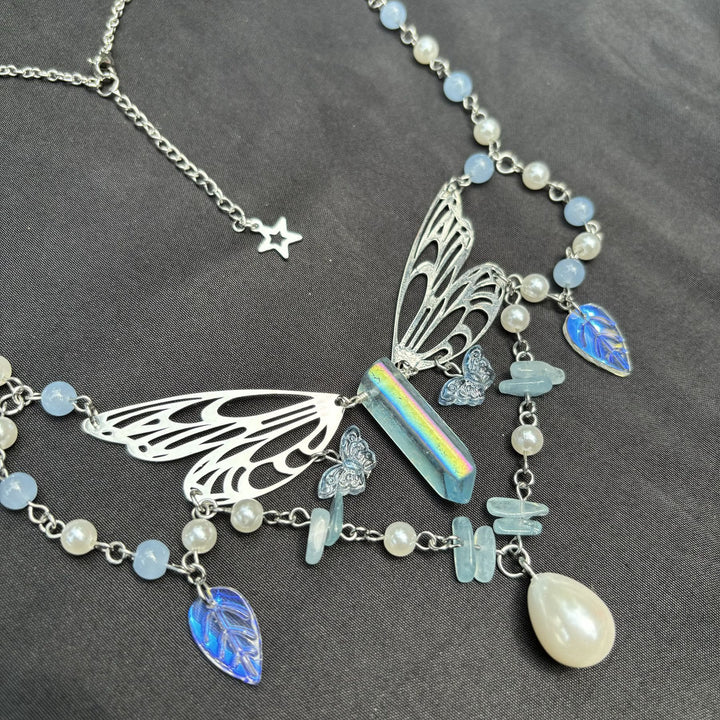 Collana girocollo a strati con ali di fata color acquamarina Olivenorma