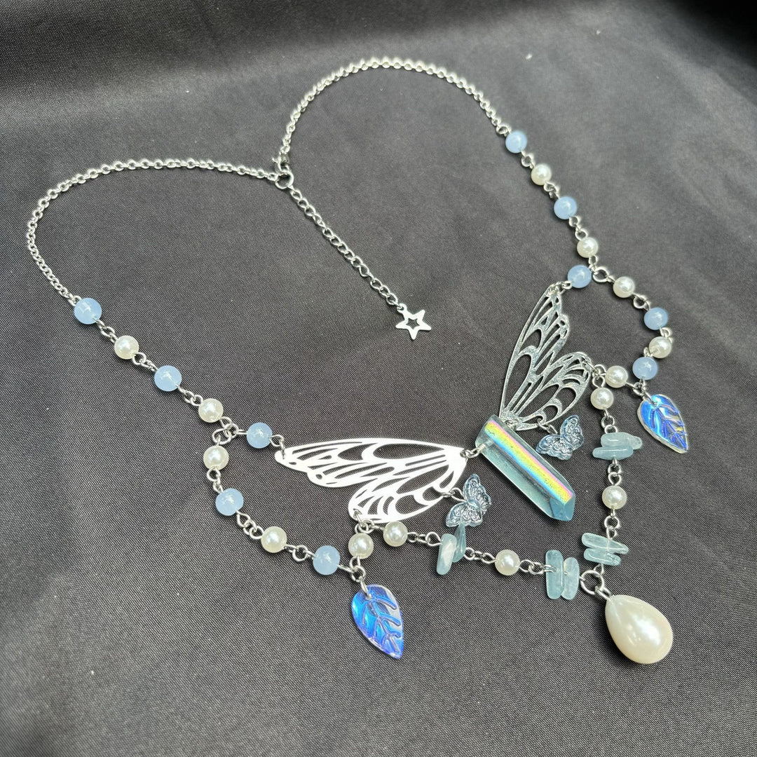 Collana girocollo a strati con ali di fata color acquamarina Olivenorma