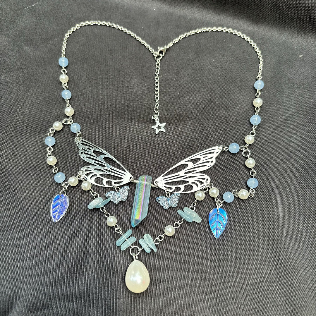 Collana girocollo a strati con ali di fata color acquamarina Olivenorma