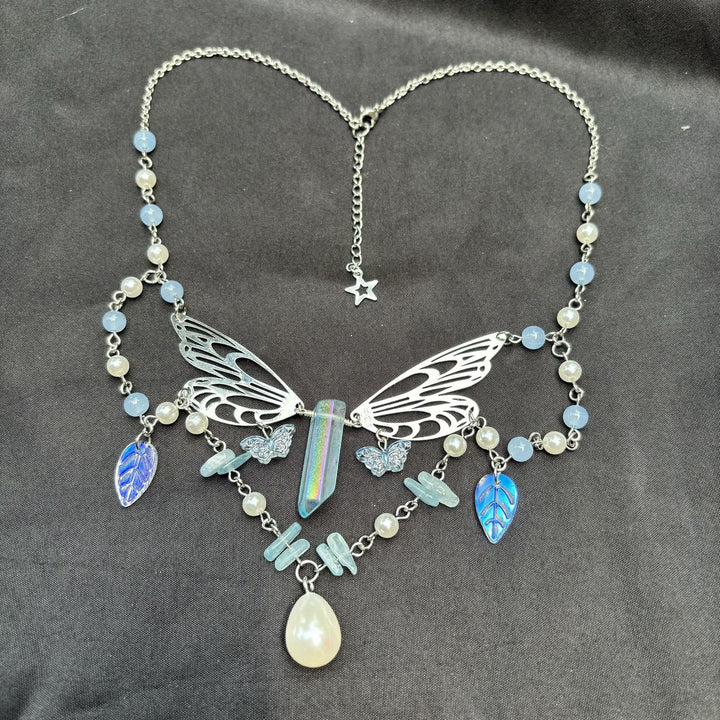Collana girocollo a strati con ali di fata color acquamarina Olivenorma