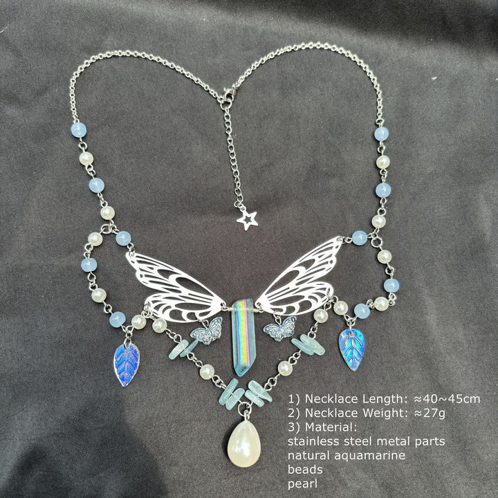 Collana girocollo a strati con ali di fata color acquamarina Olivenorma